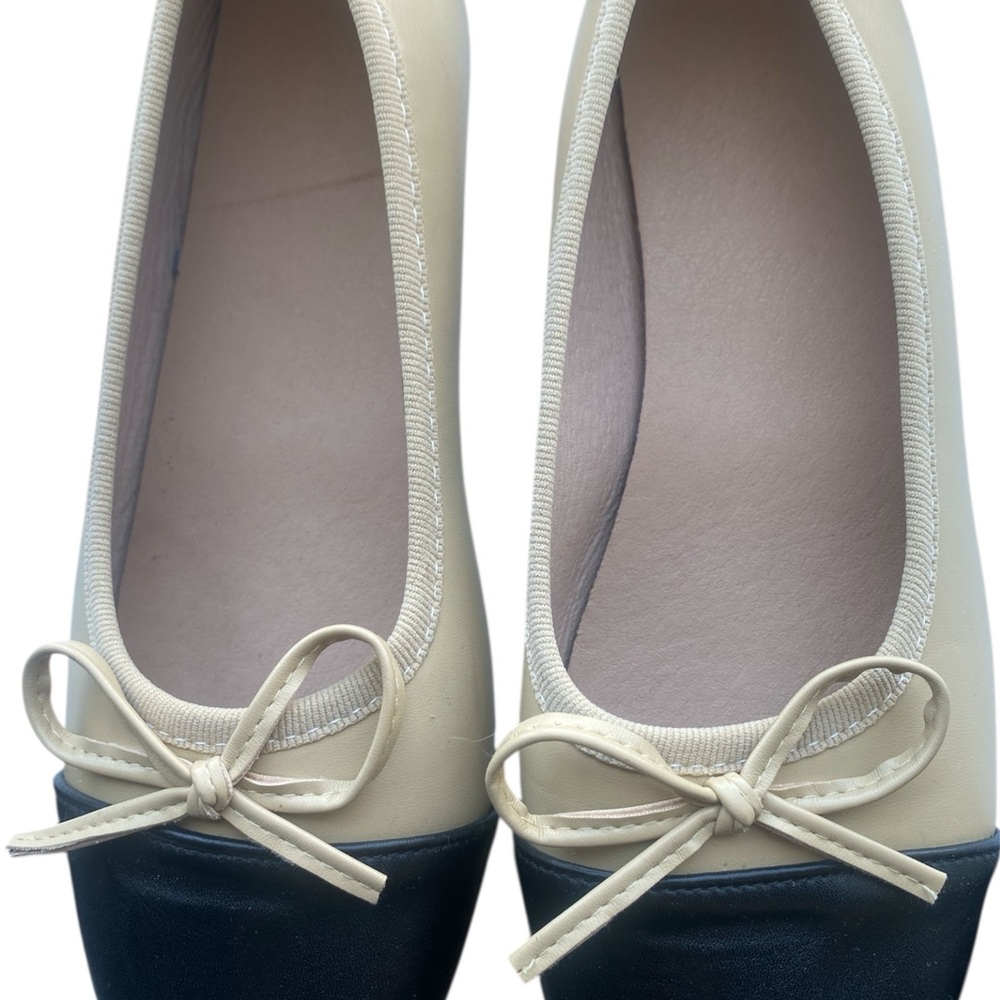 Womens Ballet Flats Shoes Tan Black Size 8 Slip on Slippers Beige Bow Cap Low - Picture 2 of 5